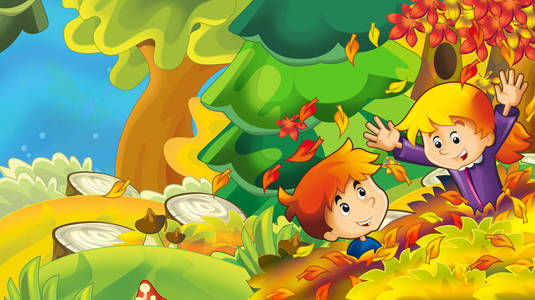 卡通秋天的自然背景，女孩和男孩收集蘑菇，并与落叶插图为儿童玩