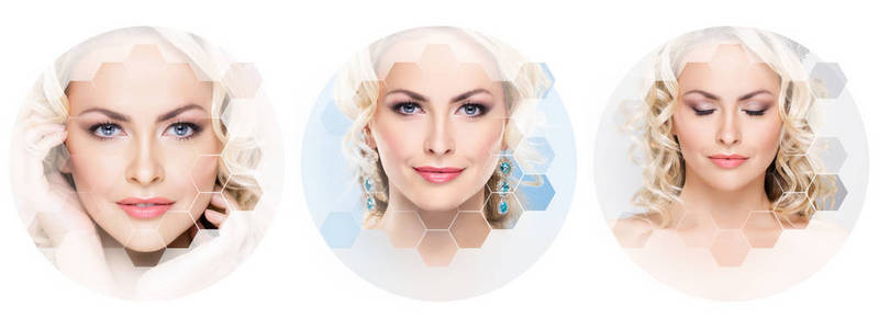 女性肖像的拼贴。 年轻女性的健康面孔。 水疗面部提升整形外科拼贴概念。 蜂窝马赛克。