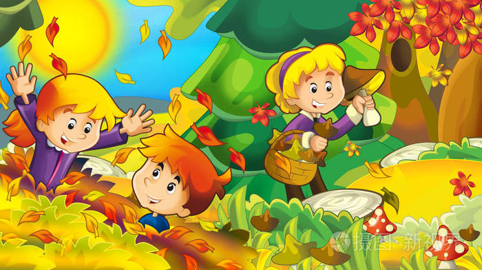 卡通秋天背景,女孩和男孩收集蘑菇插图儿童