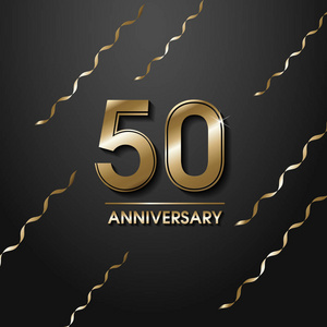 孤立的金色数字50与字年图标在黑色背景与下降的金色纸屑和丝带50岁