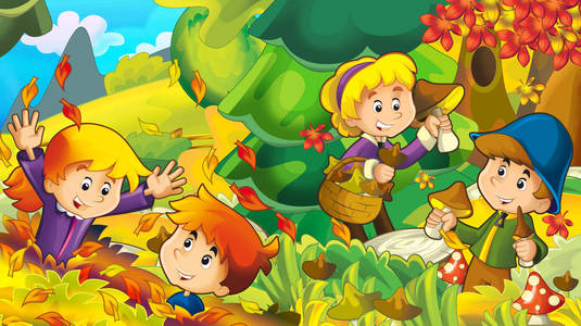 卡通秋天背景，女孩和男孩收集蘑菇插图儿童