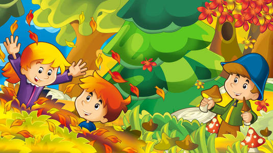 卡通秋天背景与男孩采蘑菇插图儿童