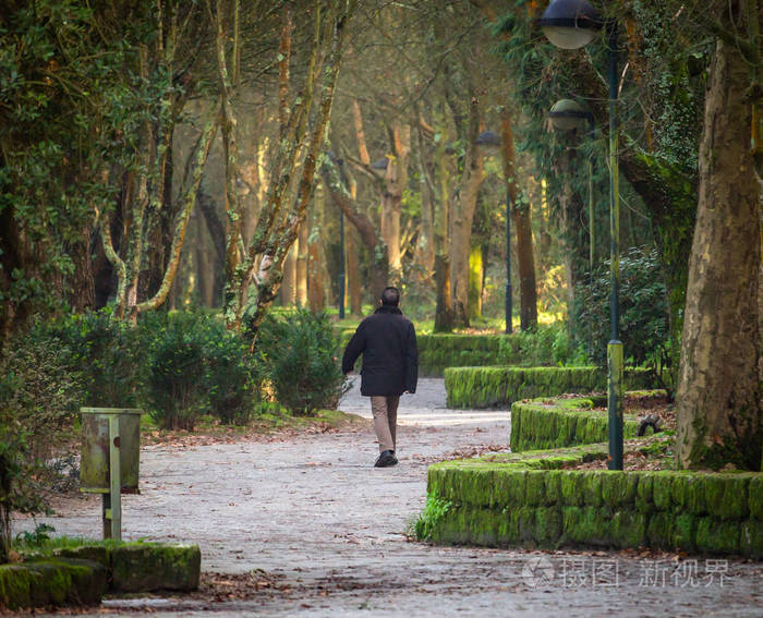 一个中年男人在绿色森林公园的小径上闲逛的后视镜. 黑色外套.