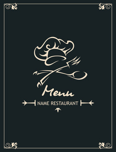 餐厅菜单设计与厨师交叉勺子和叉子的黑色背景