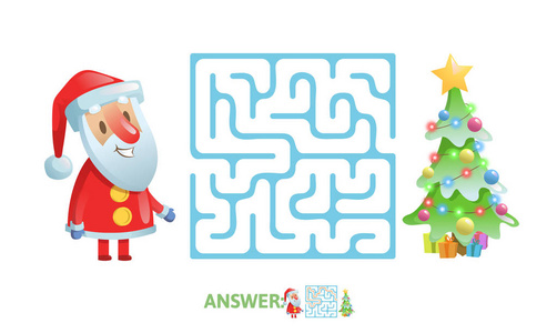 冬季迷宫游戏。迷宫与有趣的圣诞老人字符和答案。平面向量例证。隔离在白色背景上