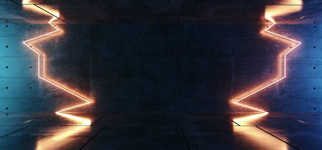 现代复古未来霓虹灯抽象霓虹灯发光激光俱乐部橙色灯在黑暗网格混凝土反射蓝色房间空间文本展示室3渲染插图。