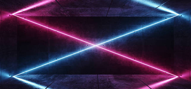 现代外星俱乐部霓虹灯x形紫粉蓝色发光管线对角线空空间暗格格格格混凝土反射室3D渲染插图