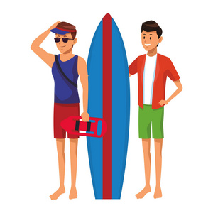 救生员与人和冲浪板与浮标帽太阳镜白色背景矢量插图图形设计