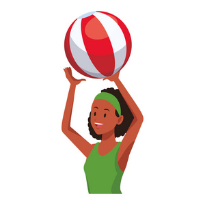 女性与沙滩球隔离半身白色背景矢量插图平面设计