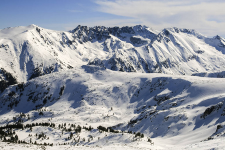 冬天的风景，山上覆盖着雪，从托多尔卡峰俯瞰皮林山景，保加利亚。
