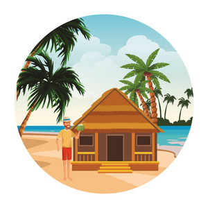 小屋和人与椰子棕榈树海景圆形图标矢量插图平面设计