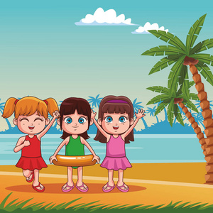 夏日儿童沙滩动画片晴天矢量插图平面设计