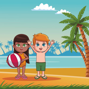 夏日儿童沙滩动画片晴天矢量插图平面设计照片