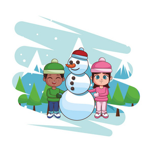 可爱的冬季儿童卡通矢量插图平面设计