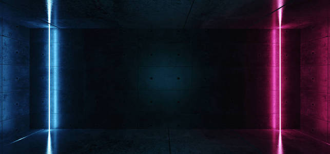 霓虹灯发光垂直激光管线蓝粉紫色颜色在暗灰色粗糙混凝土反射室空空间为文本SCIFI现代复古三维渲染插图