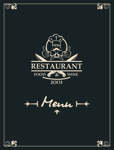 餐厅菜单设计与厨师和交叉刀的黑色背景