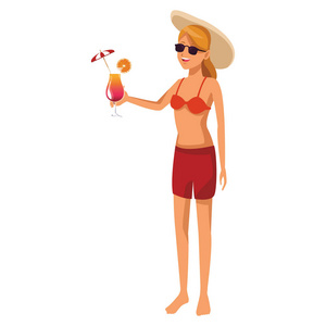 女子沙滩帽和鸡尾酒隔离在白色背景矢量插图平面设计