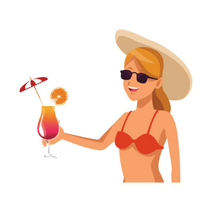 女子沙滩帽和鸡尾酒隔离半身在白色背景矢量插图平面设计