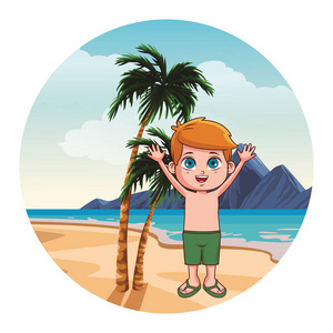 夏天男孩在沙滩圆形图标矢量插图平面设计