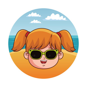 夏天的孩子，女孩戴着太阳镜在海滩景观圆形图标矢量插图平面设计