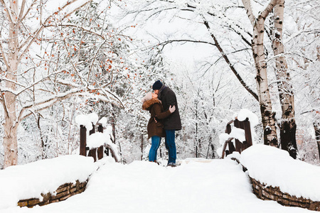 冬天在公园的桥上相爱的年轻夫妇