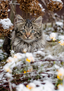 一只小猫在新鲜空气中行走，下雪了