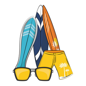 夏季沙滩短裤与冲浪桌和太阳镜卡通彩色矢量插图平面设计