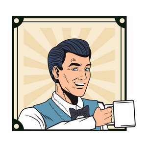 流行艺术男子脸咖啡杯卡通复古框架矢量插图图形设计
