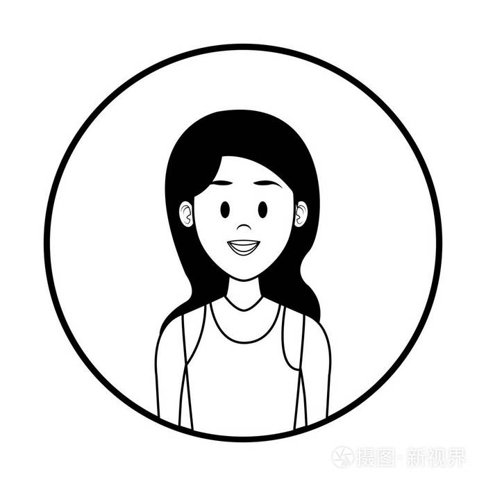 女性形象卡通圆形图标黑白矢量插图图形设计
