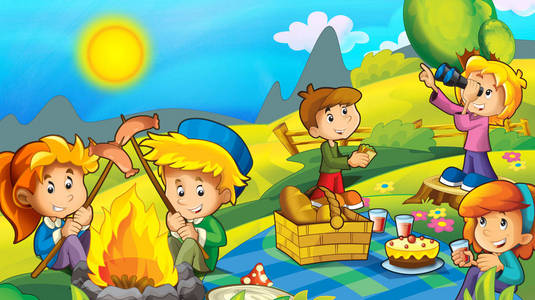 卡通，秋天，大自然背景在山上，孩子们在野餐上为孩子们插图