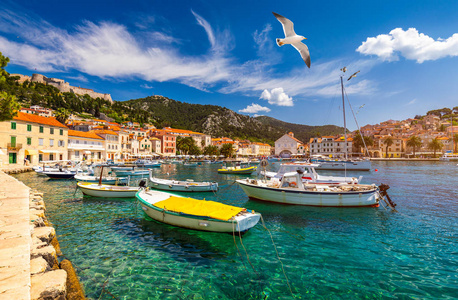 s flying over city, famous luxury travel destination in Croatia.