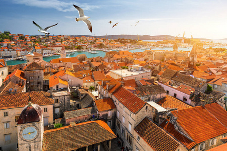 s flying over city. Trogir town coastal view. Magnificent Trogir