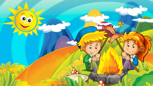 卡通夏季或春季自然背景，有儿童文本插图的空间