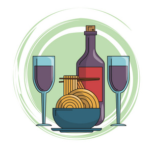 美味的中国菜与葡萄酒卡通矢量插图平面设计
