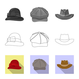 帽子和帽子符号的矢量插图。股票头饰和辅助向量图标的收集