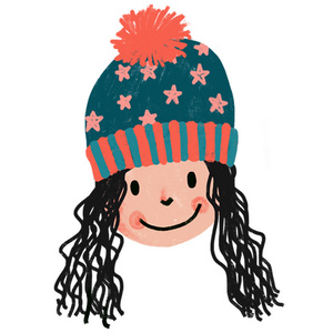一个带针织帽子的可爱女孩的手绘插图。 孩子们的脸。 儿童冬季圣诞节的设计理念