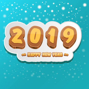 2019快乐新年设计背景或贺卡与丰富多彩的数字和问候文本。快乐的新年标签或图标孤立在蔚蓝的背景与雪花