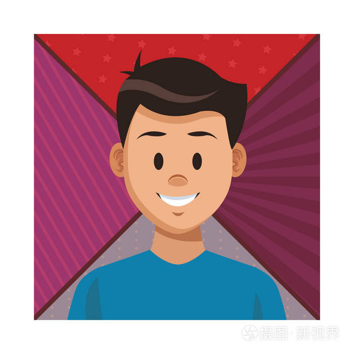 男人轮廓微笑卡通条纹和虚线背景框矢量插图图形设计