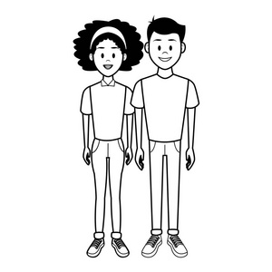 黑白男女男女青年卡通黑白矢量插图平面设计照片