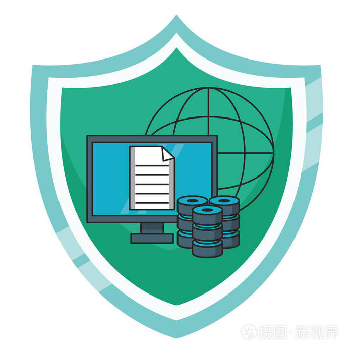 带有文件和数据库的计算机徽章标志图标矢量插图图形设计