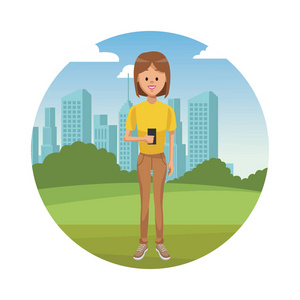 使用智能手机的年轻女性城市公园圆形图标矢量插图平面设计