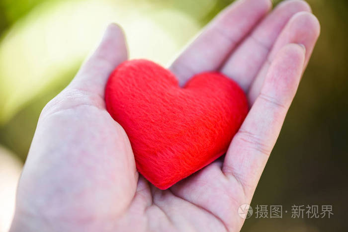 爱心男子手捧小红心为爱心情人节捐助爱心温暖呵护理念