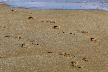 在以色列北部地中海沿岸的沙滩上的脚印