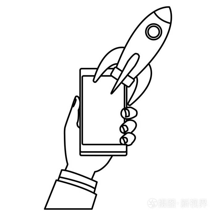 手机和手持火箭绘制白色背景矢量插图图形设计