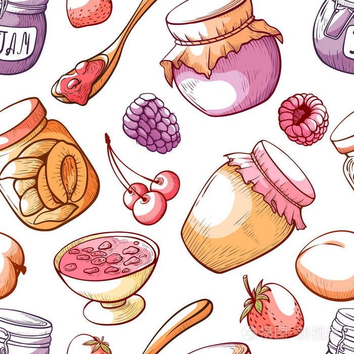 果酱和甜水果果酱无缝模式插画-正版商用图片16i37e-摄图新视界