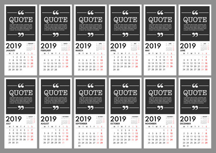 日历2019年灰色背景与报价信息。 星期一开始。 简单向量模板