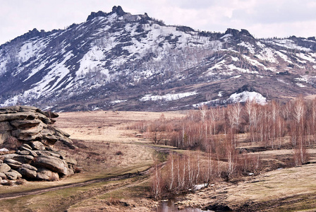 美丽的风景。 山地景观。 灰色的石头。 干草。