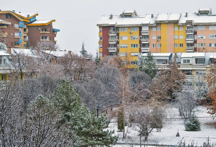 在美丽的雪天里，田园诗般的景色来到小城市公园