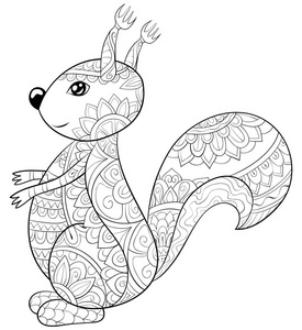 一只可爱的卡通松鼠，带有装饰图像，用于放松活动。成人的着色书页。六种艺术风格的插图。海报设计。