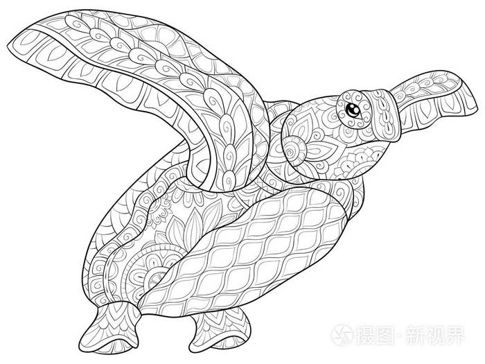 插画 一只可爱的乌龟,带有装饰图像,用于放松活动.成人着色书页.